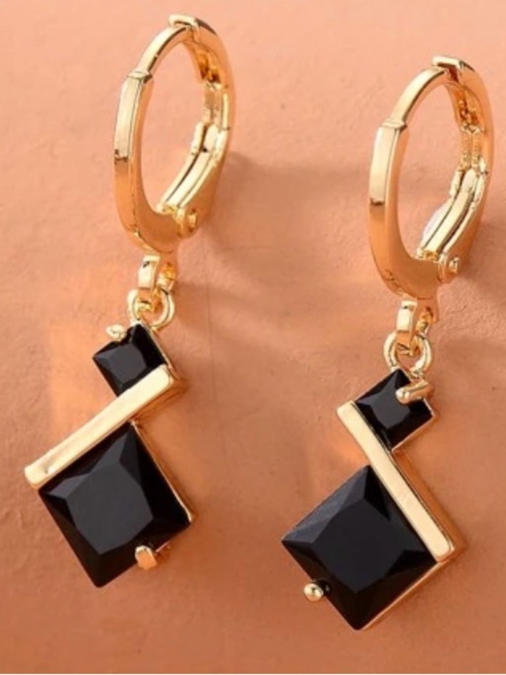 Gold Hoop Earrings with Black Geometric Stone Pendant